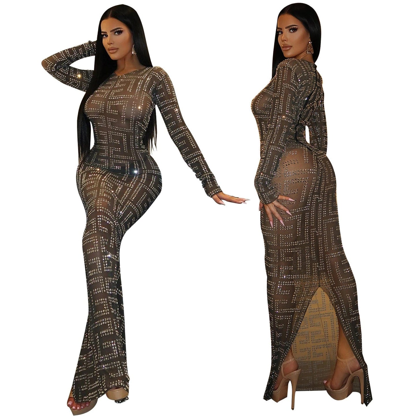 M / black C1102TA43 High Quality Sexy Sheer Mesh Rhinestone Slit Bodycon Club Long Dress Women Sehe Fashion