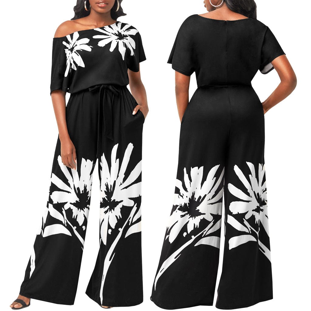 M / black C1103TA16 Summer Trendy Casual One Shoulder Floral Print Straight One Piece Jumpsuit Women Sehe Fashion