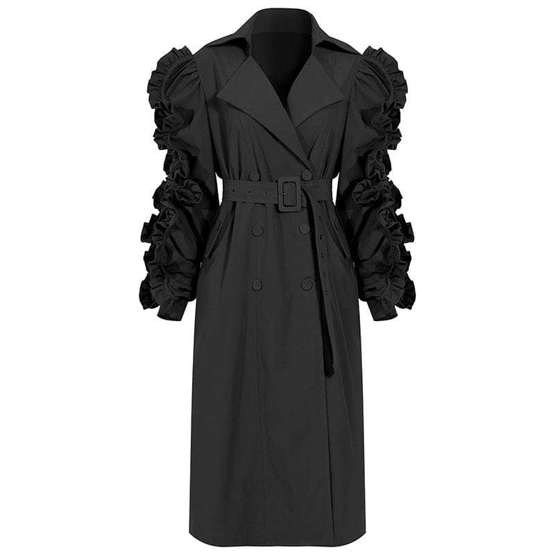 M / Black Coat Women's Elegant Ruffled Double Breasted Long Over-the-knee Windbreaker Trench jackets Women