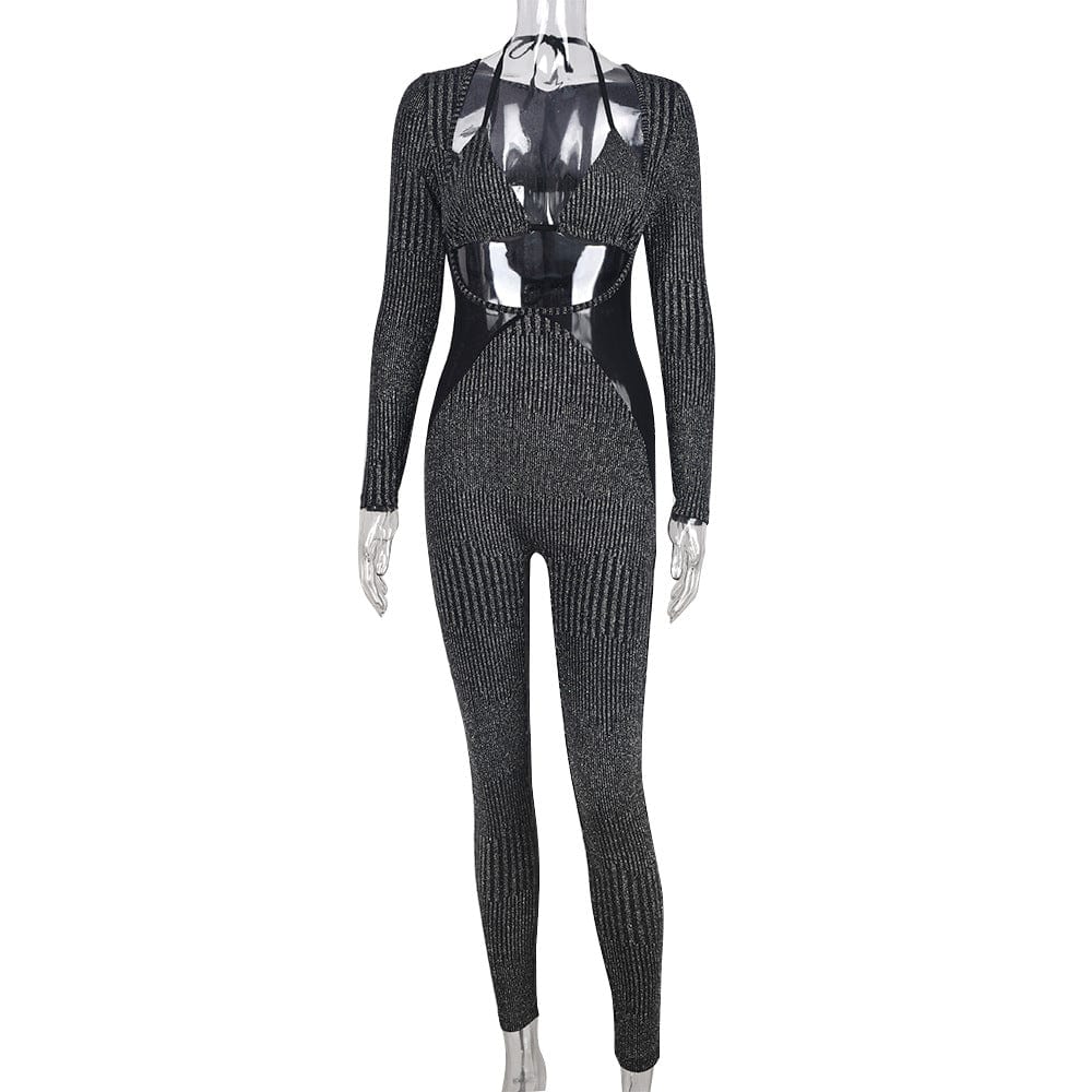 M / black Fall winter club wear patchwork long sleeve hollow out sexy bodycon jumpsuit with bra top 2 piece set women jumpsuits