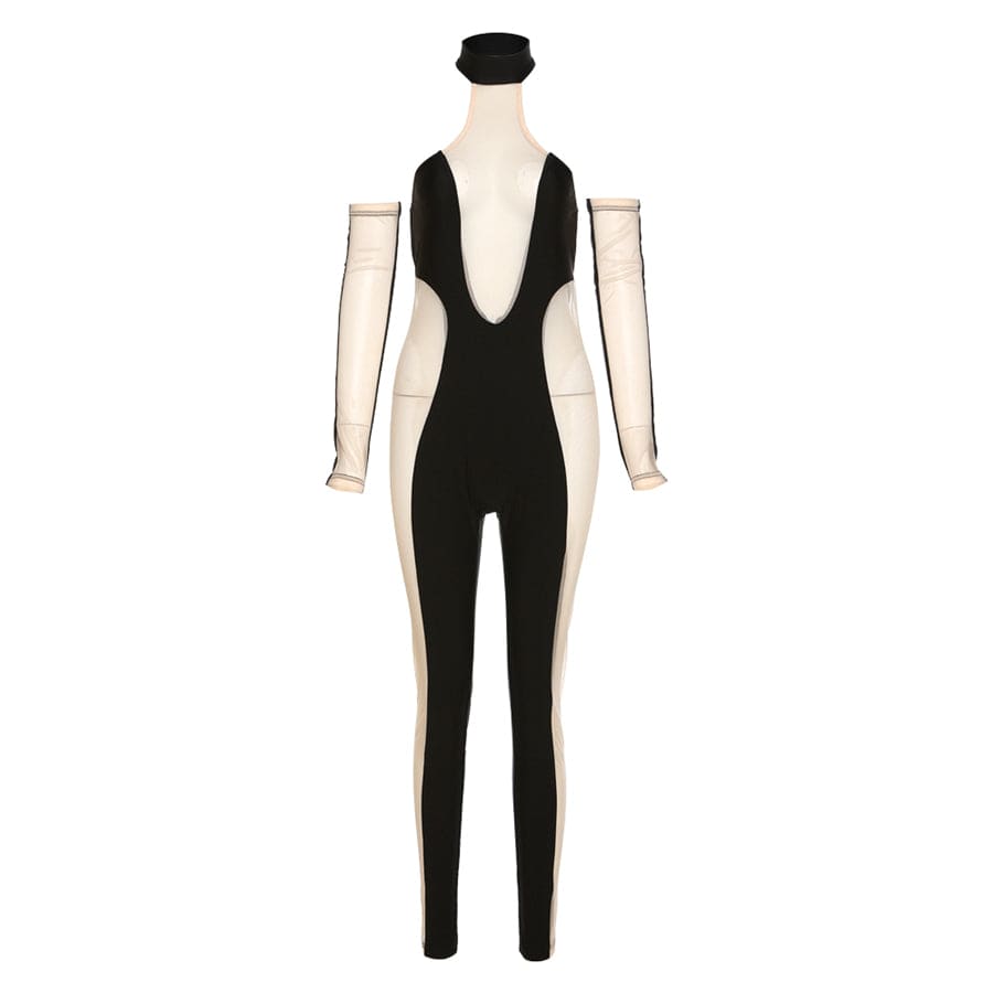 M / black Kliou K22S23975 see through tight fit ladies jumpsuits removable sleeve bodycon sexy mesh jumpsuit