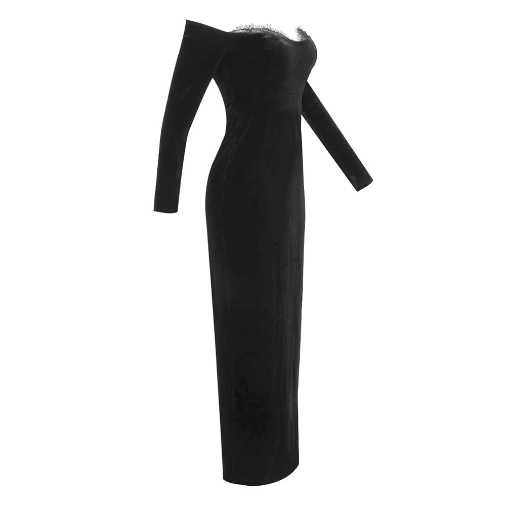 M / Black New Women's Clothes Black Elegant Velvet Long Sleeve Off Shoulder Formal Party Dresses For Women