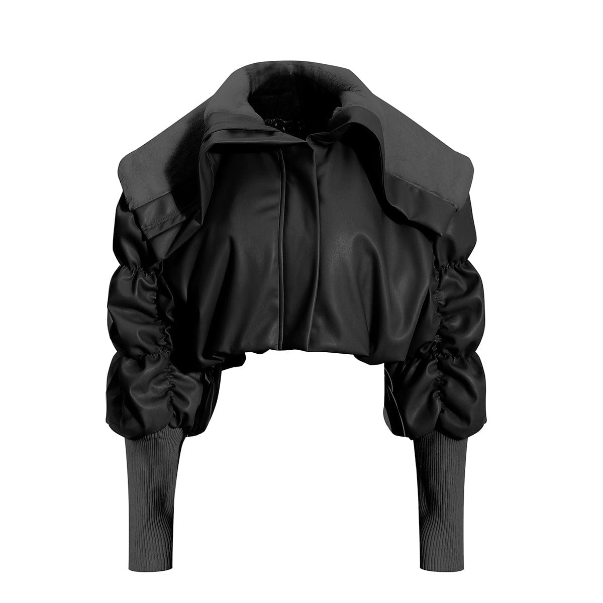 M / Black OUDINA Winter Womens Coat Casual Pleated Sleeves Velvet Cropped Short Jacket Women Leather Coats