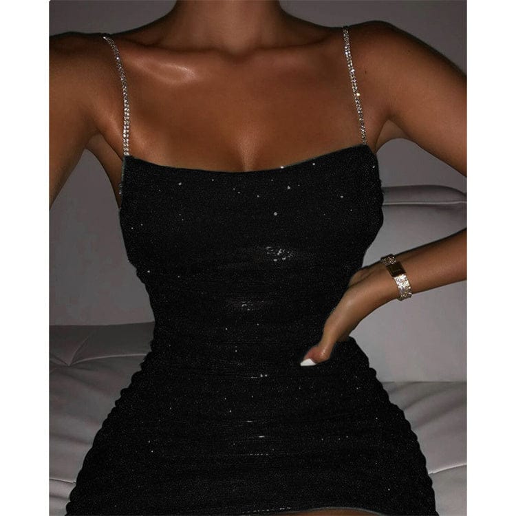 M / black Sexy Nightclub Party Dress Rhinestone Sexy Suspender Dress Women