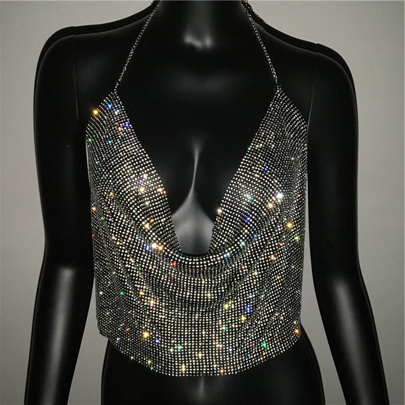 M / black SHIHAN 2023 Fashion Solid Backless Straps Full Diamonds Sequins Cami Cropped Top for Women Bling Rhinestones Party Crop Top