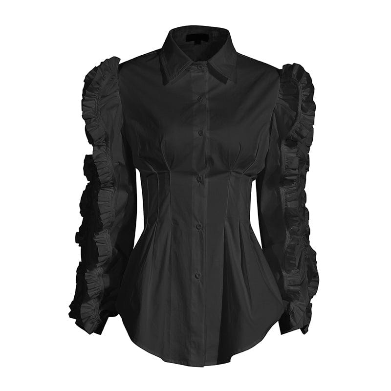 M / Black Shirt Blouse  Loose Pleated Ruffled Lapel Waist Long Sleeve Elegant White Shirt Women