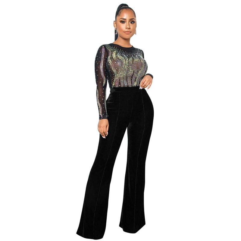 M / black spring 2023 festival crystal rhinestone mesh sheer patchwork velvet pants long sleeve romper jumpsuit rhinestones women outfit