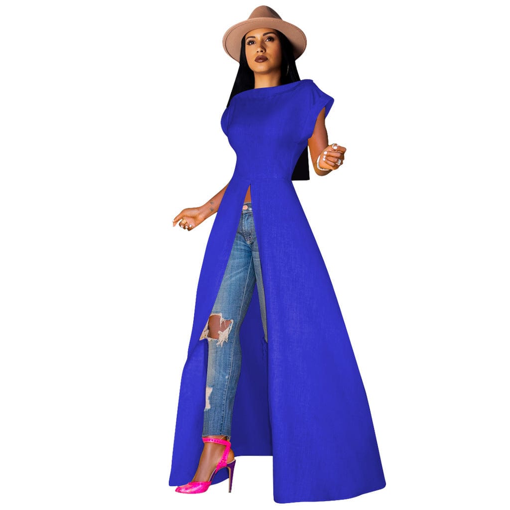 M / Blue Autumn and winter high collar Short-sleeved round neck long Slit pullover women  coat