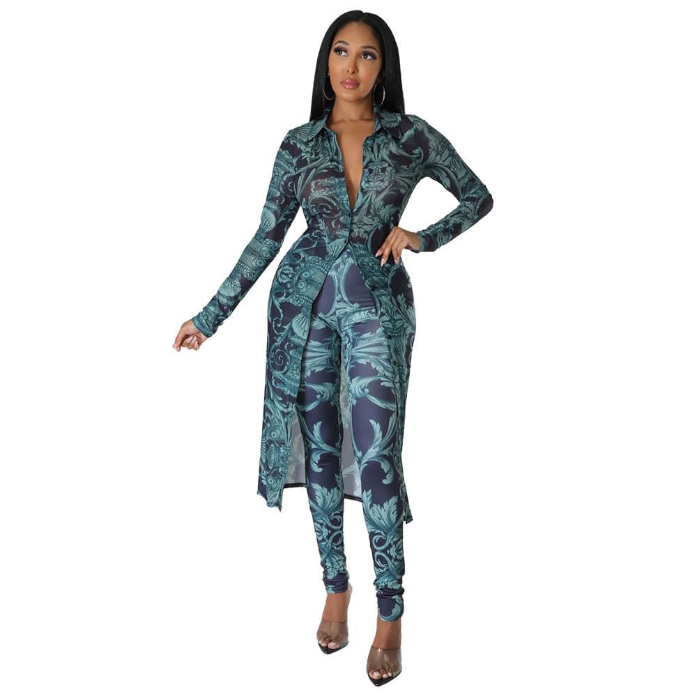 M / Blue C1102TA88 Autumn Trendy Casual Print Long Cardigans Bodycon 2 Piece Pants Set Women Sehe Fashion