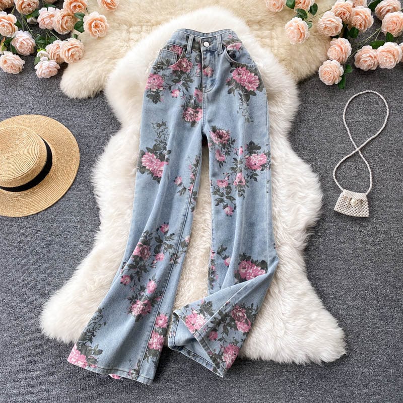 M / Blue Fall new girl high waist rose straight cut Jeans Sagging sensation high waist pants