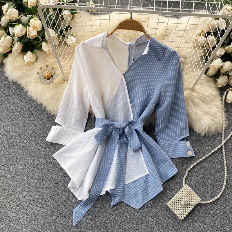 M / Blue Fashion Tops Women Retro Striped Shirt Women's Ladies Blouses Design Sense Small Irregular Lotus Leaf Swing Lace Slim Shirt