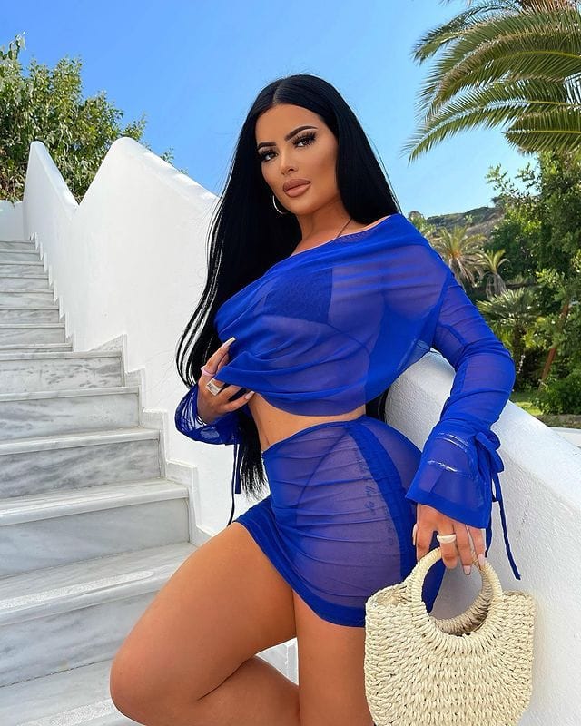 M / Blue Latest Design Transparent Mesh See Through Club Dress Sexy Deep V Neck Mesh Skirt Women 2 Piece Set