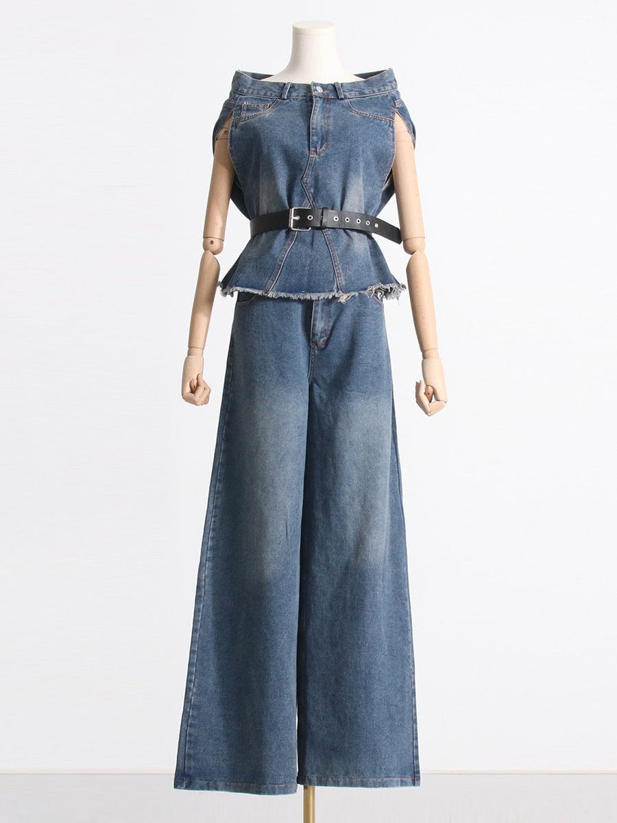 M / Blue New Arrival Clothing Casual Sleeveless Denim Shirt Top With Belt Wide Leg Flare Jeans Pants Matching Sets Two 2 Piece Set Women