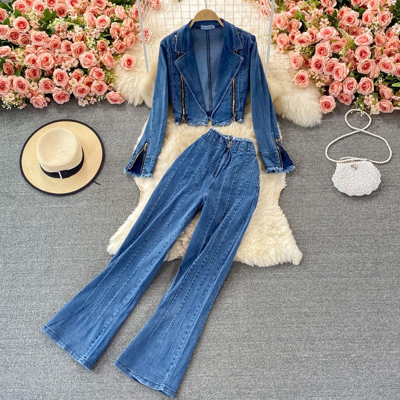 M / Blue New Arrival Denim Top Loose Wide Leg Pants Jeans 2 Piece Denim Set Women Two Piece