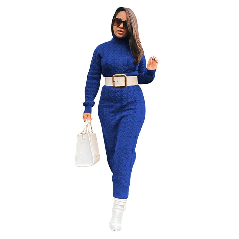 M / Blue( no belt) fall winter 2022 luxury designer brand black graphic ribbed stripe turtleneck long sweater dress long pullover knit custom women