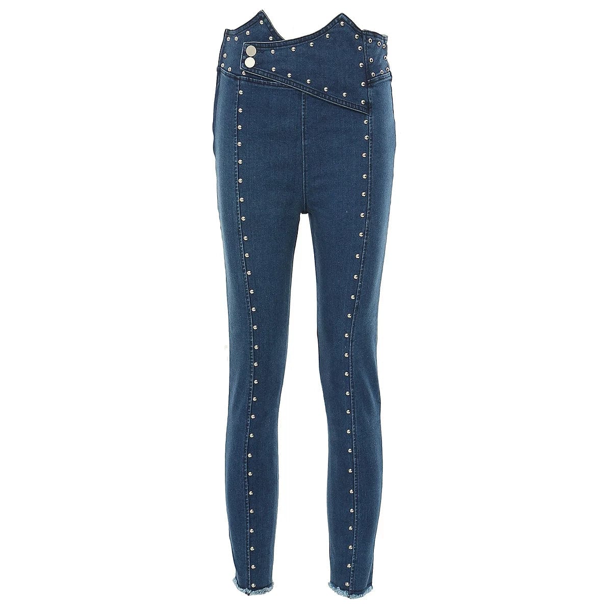 M / Blue OUDINA 2024 Spring Stretch High Waist Two Button Pencil Pants Beaded Trousers Skinny Jean Femmes Jeans Women