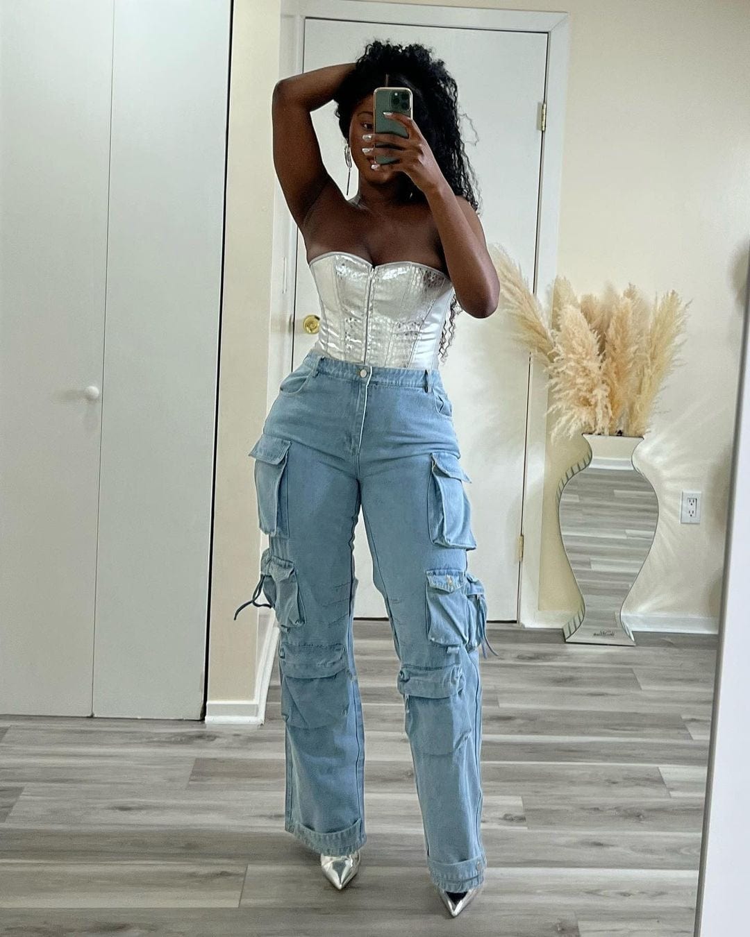 M / Blue OUDINA Wholesale Ready To Ship Wide Leg Pants Ladies Baggy Casual Femmes Pantalon Women Denim Cargo Jeans Women