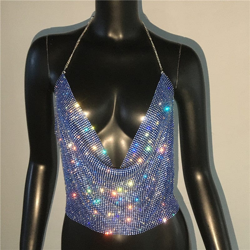 M / Blue SHIHAN 2023 Fashion Solid Backless Straps Full Diamonds Sequins Cami Cropped Top for Women Bling Rhinestones Party Crop Top