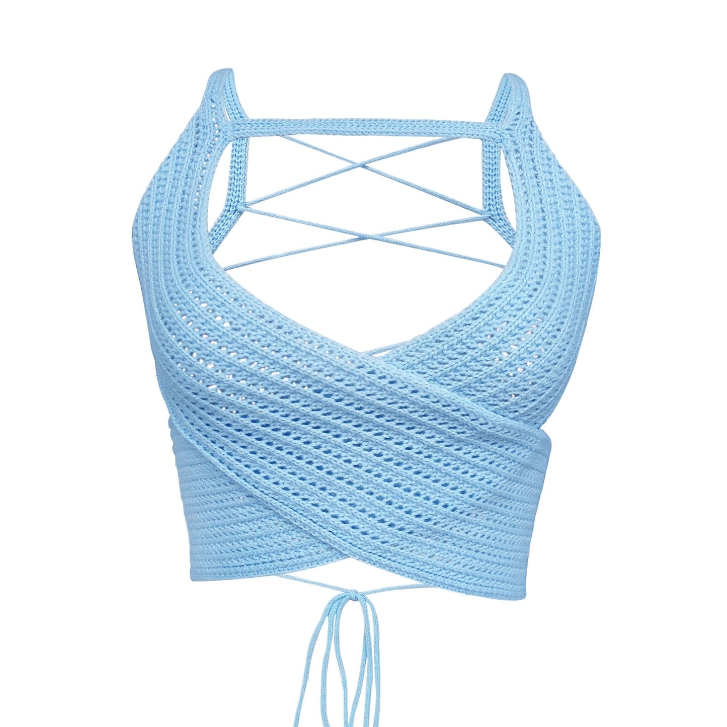 M / Blue Women's Clothing Fall 2022 Y2K Basic Sleeveless Open Back Straps Tops Women Hollow Knitted Sweater Sexy Crop Tops