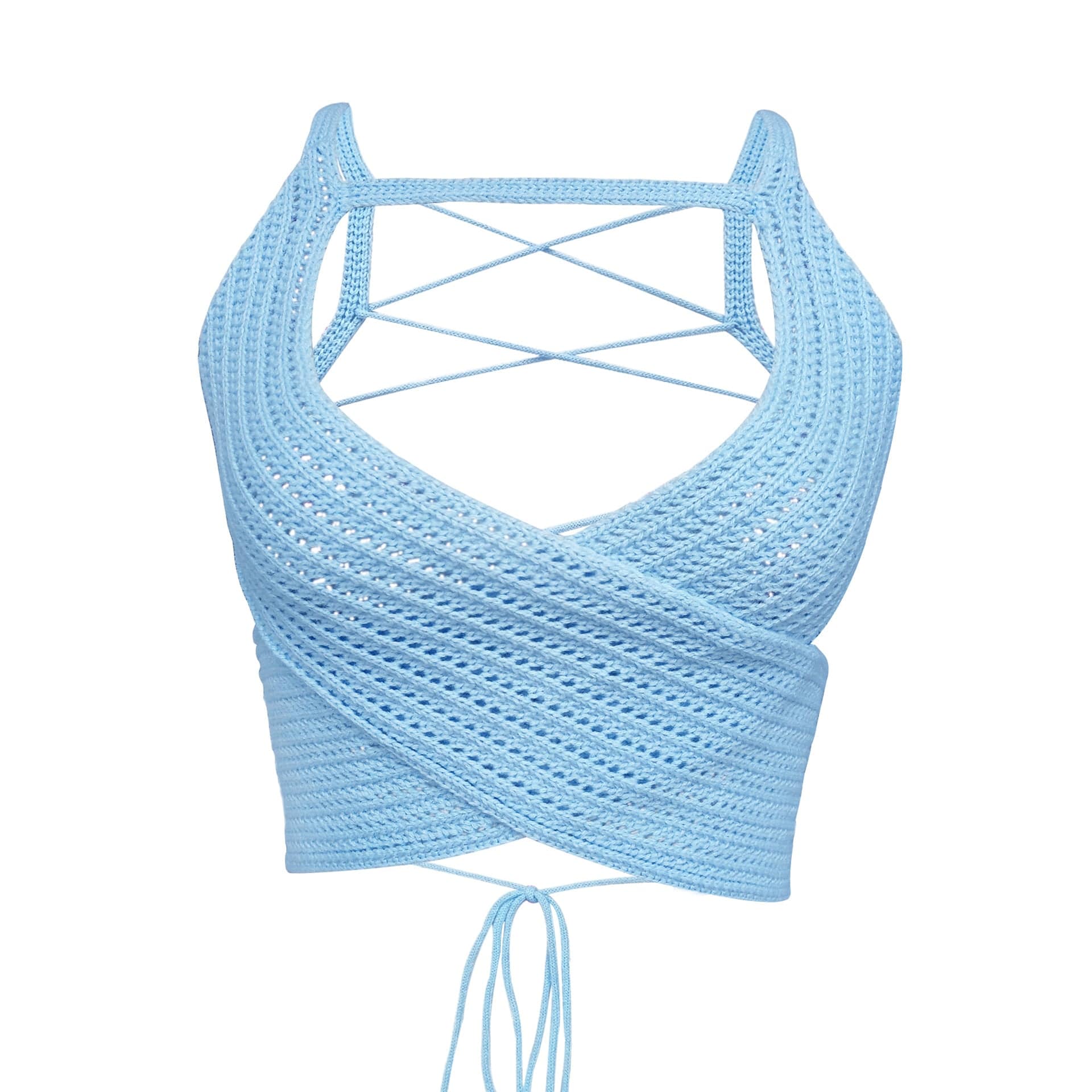 M / Blue Women's Clothing Fall 2022 Y2K Basic Sleeveless Open Back Straps Tops Women Hollow Knitted Sweater Sexy Crop Tops