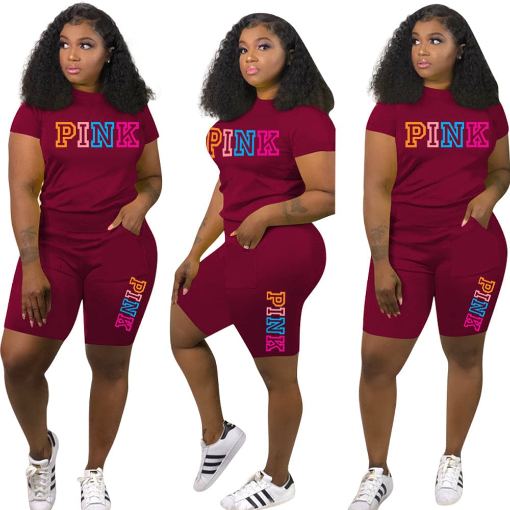 M / Burgundy Z104475 Summer women's two piece 2022 Casual Letter Print t-shirts shorts two piece set