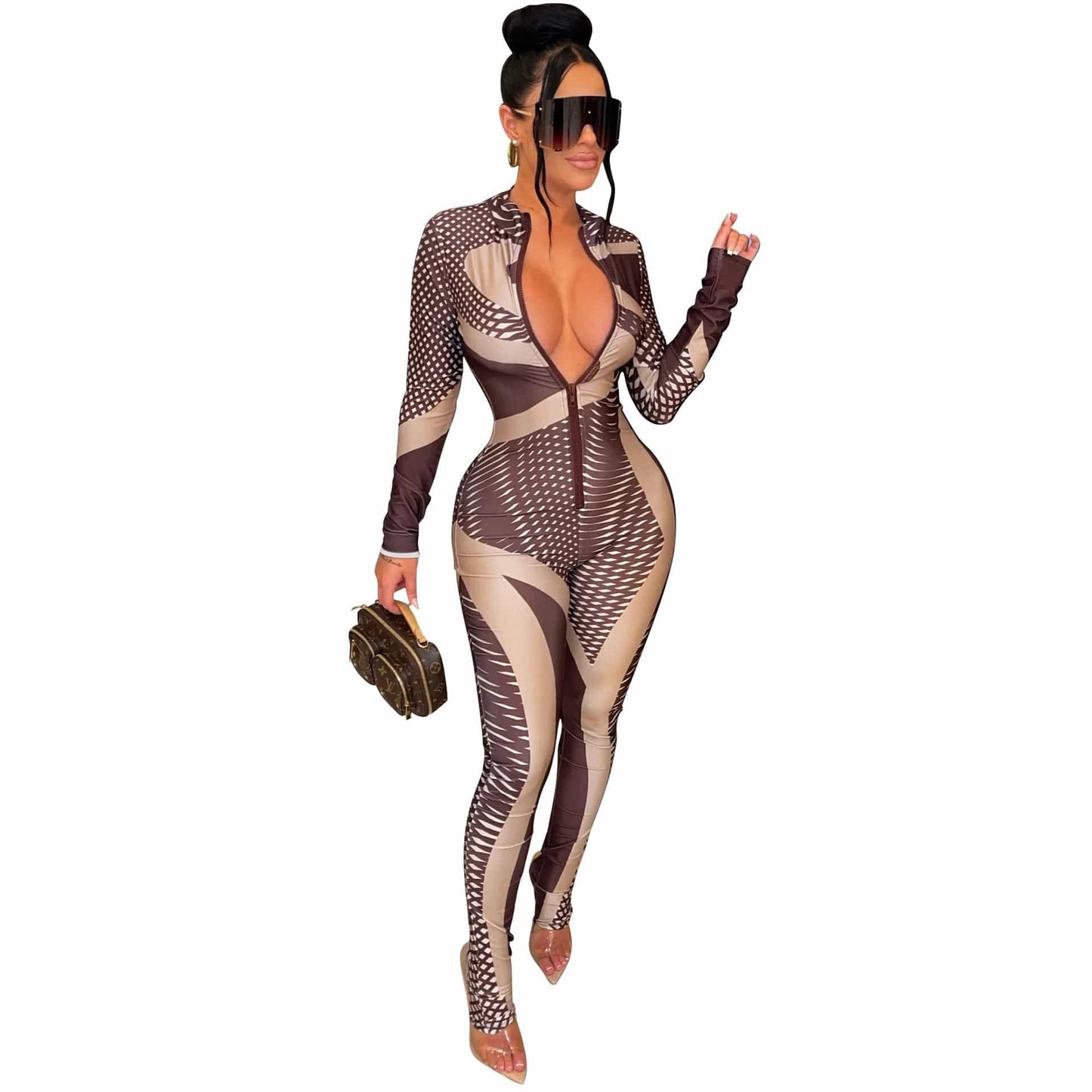 M / Coffee C1102TA85 High Quality Casual Long Sleeve Print Zipper Bodycon One Piece Jumpsuit Women Sehe Fashion