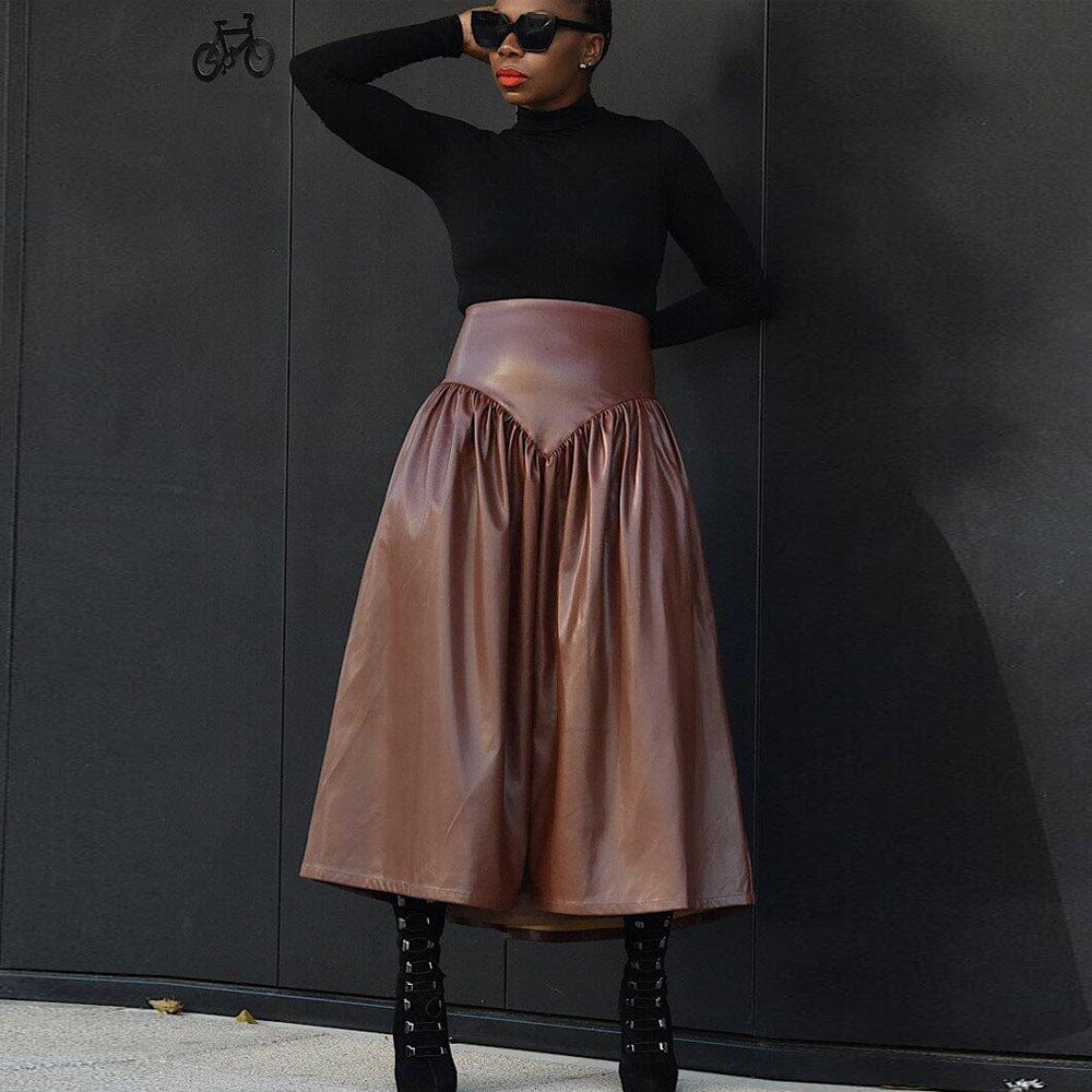 M / Deep Coffee Z68641 Winter Fashion Bottoms Sexy Solid High Waist women Casual PU Leather long skirt