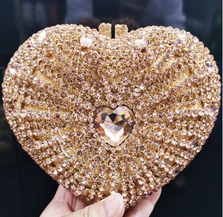 M / Full Gold Newest Designer Rhinestone Heart Bags Luxury Female Evening Handbag Handmade Wedding Purse Crystal Clutch