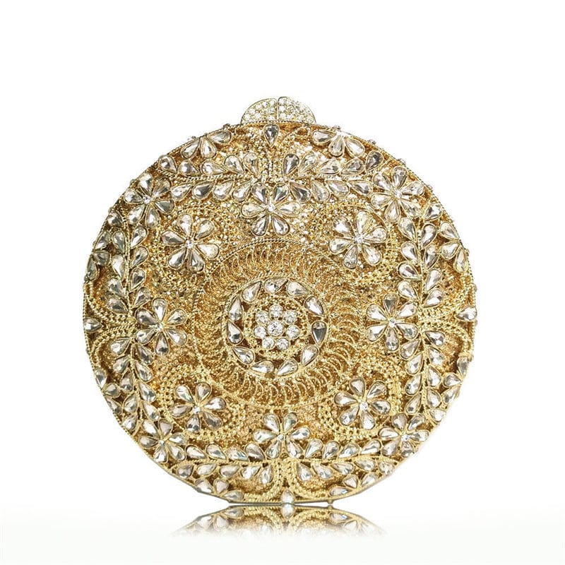 M / Gold Fashion Crystal Rhinestone Purse Flower Clutch  Special Round Evening Clutch Bag Banquet Party Night Handbags