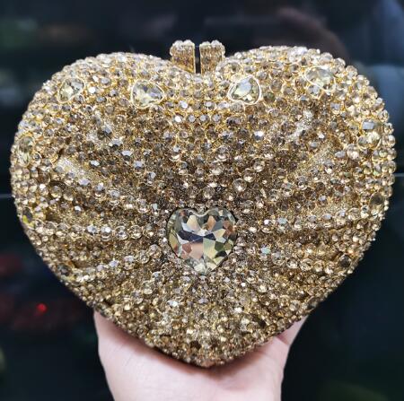 M / Gold Newest Designer Rhinestone Heart Bags Luxury Female Evening Handbag Handmade Wedding Purse Crystal Clutch