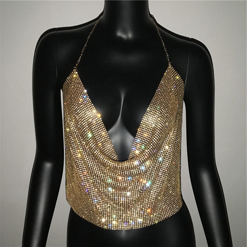 M / Gold SHIHAN 2023 Fashion Solid Backless Straps Full Diamonds Sequins Cami Cropped Top for Women Bling Rhinestones Party Crop Top