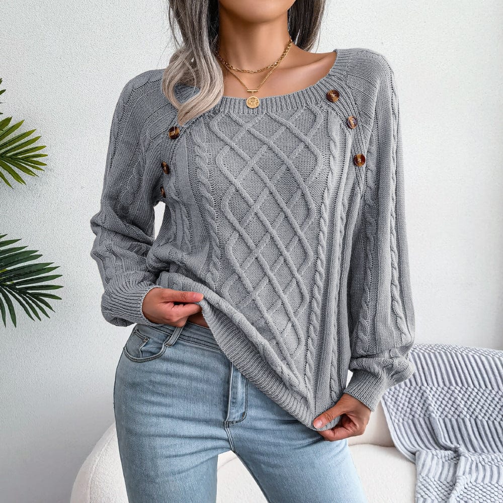 M / Gray Autumn and winter casual nail button square neck fried dough twist knitting pullover sweater lantern sleeve long sleeve sweater