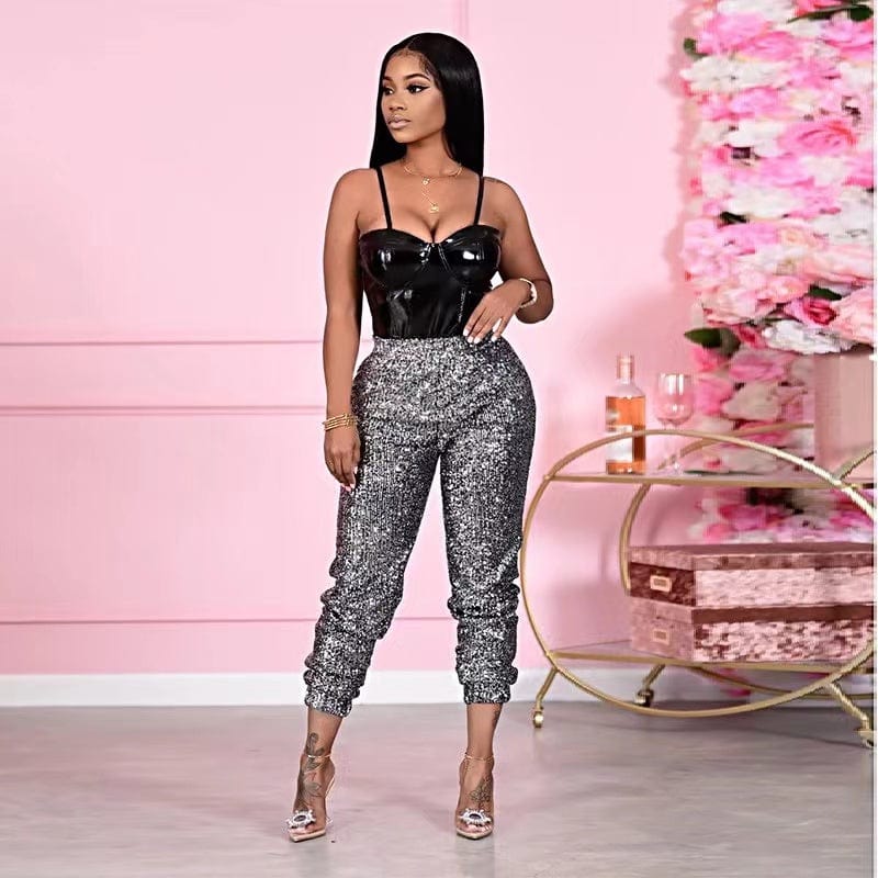 M / Gray OUDINA New Casual Sequins Pencil Ladies Cargo Pant Leggings Women Sequined Pants