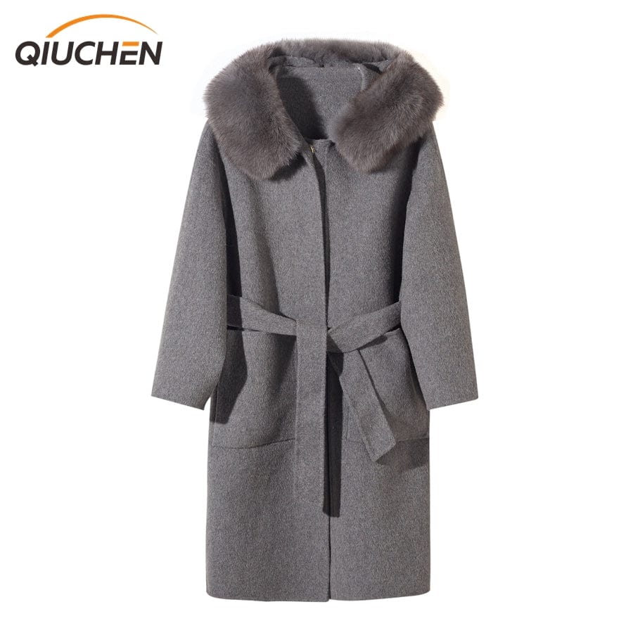 M / Gray QIUCHEN- QC19055  hot-selling women warm trench jacket cashmere belt long plus size fox fur collar wool coat