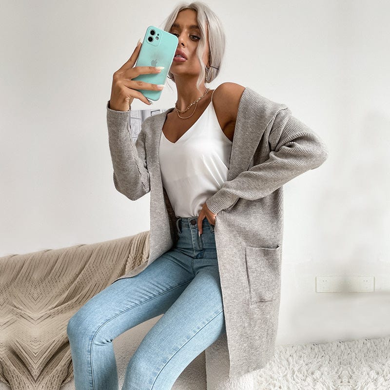 M / Gray Women Cardigan Sweaters Coat Classical Long Sleeve Cashmere Open Front Cardigan Knit Sweater