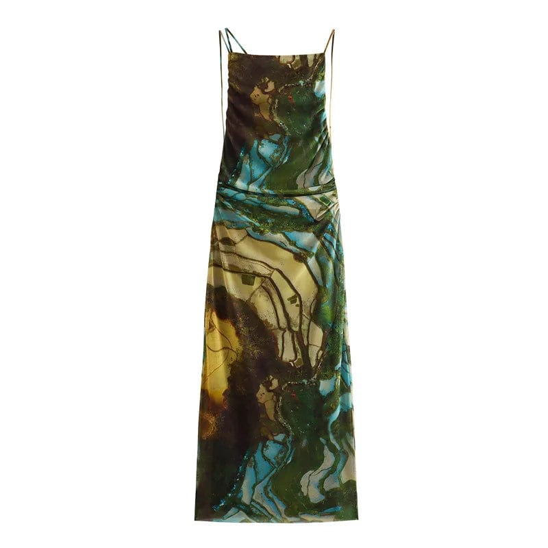 M / green 2024 Spring New European and American Style Chic Spaghetti Strap Printed Silk Mesh Slim Fit Long Dress