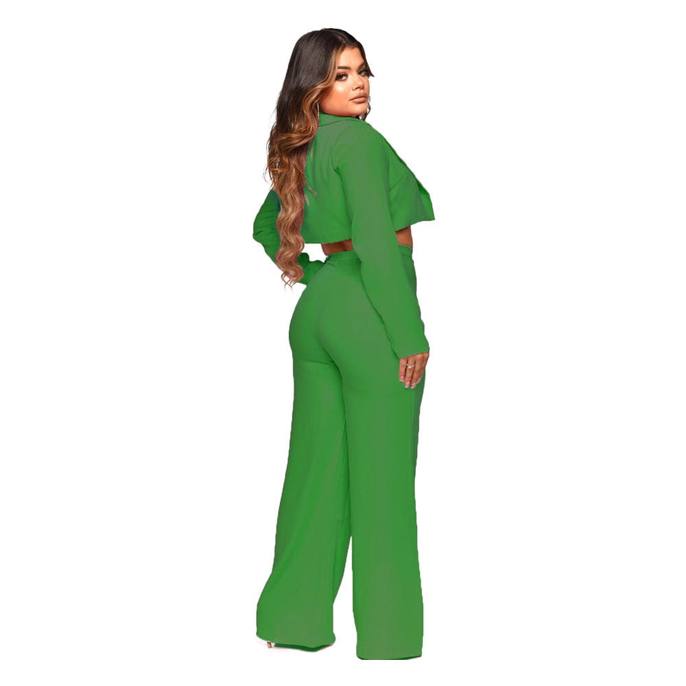 M / green C1102TA9 Dropshipping Casual Crop Top Short Coat Wide Leg Three Piece Pants Set Women Sehe Fashion