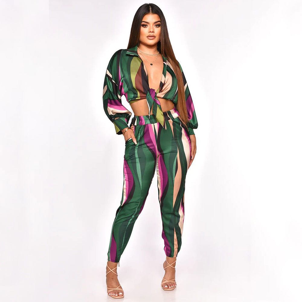 M / green C1102TA92 High Quality Sexy Lace Up Crop Top Print Bodycon 2 Piece Pants Set Women Sehe Fashion