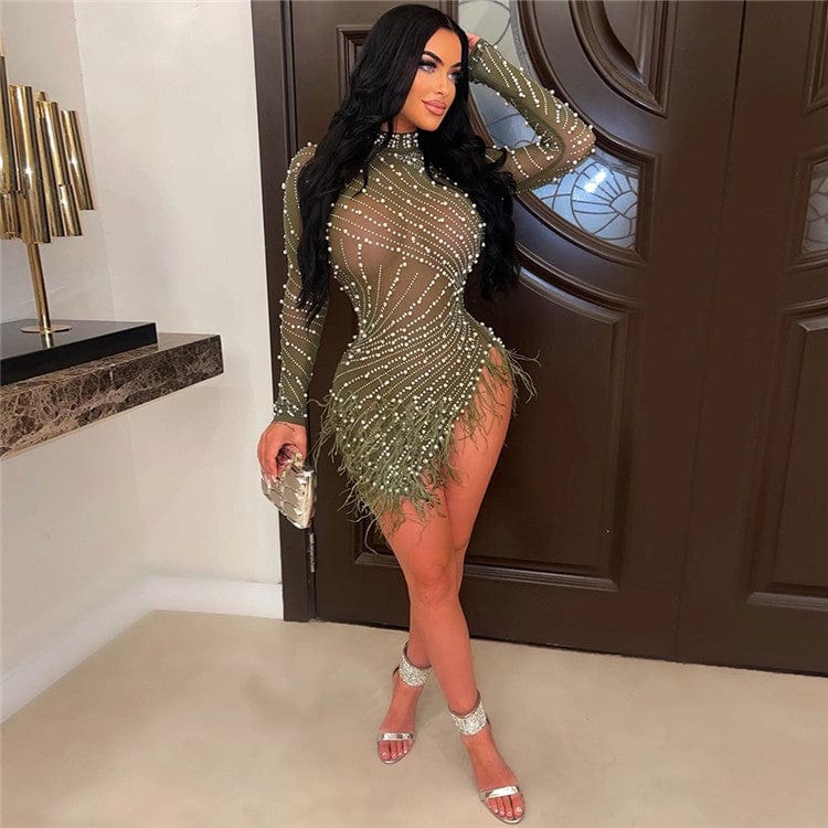 M / green New Long Sleeve Diamonds Sexy Bodycon Mesh See Through Party Dresses for Women Feather Pearls Black Irregular Club Dress