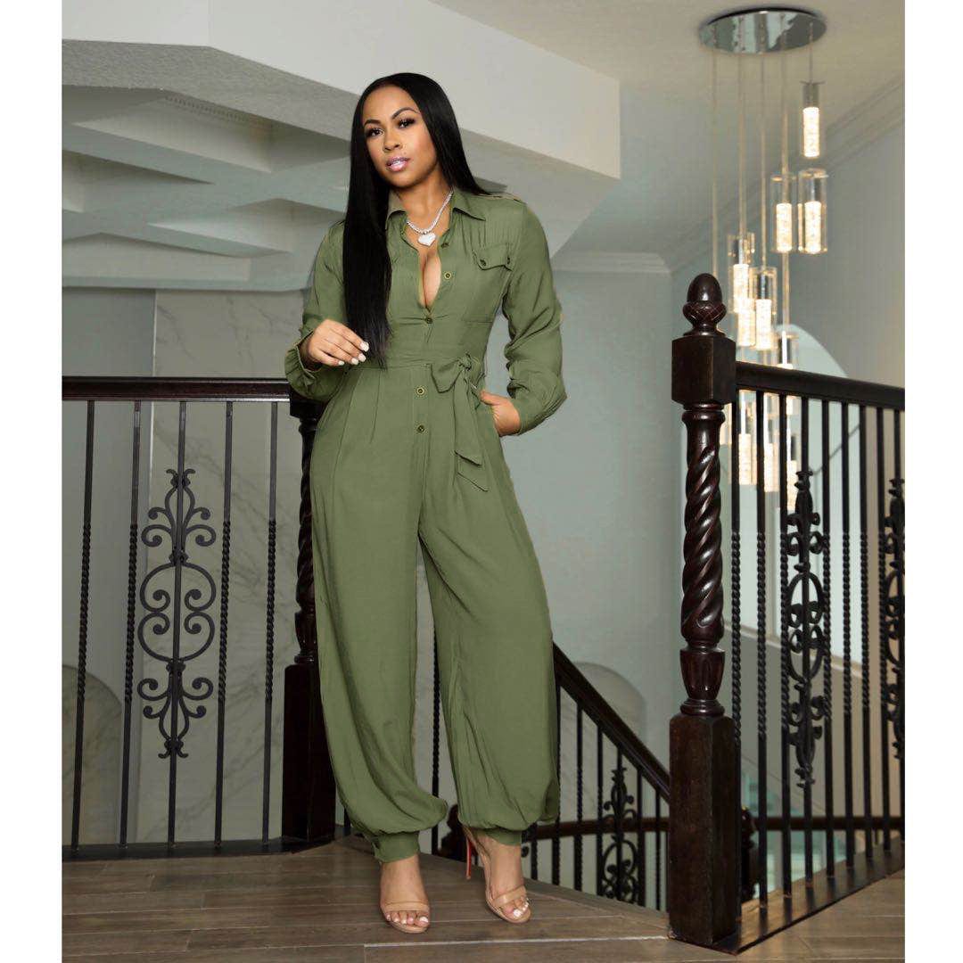 M / Green OCS  Fall 2022 Women Clothes Loose Tie High Waisted Jumpsuit Long Sleeve Olive Green Jumpsuit For Women With Buttons