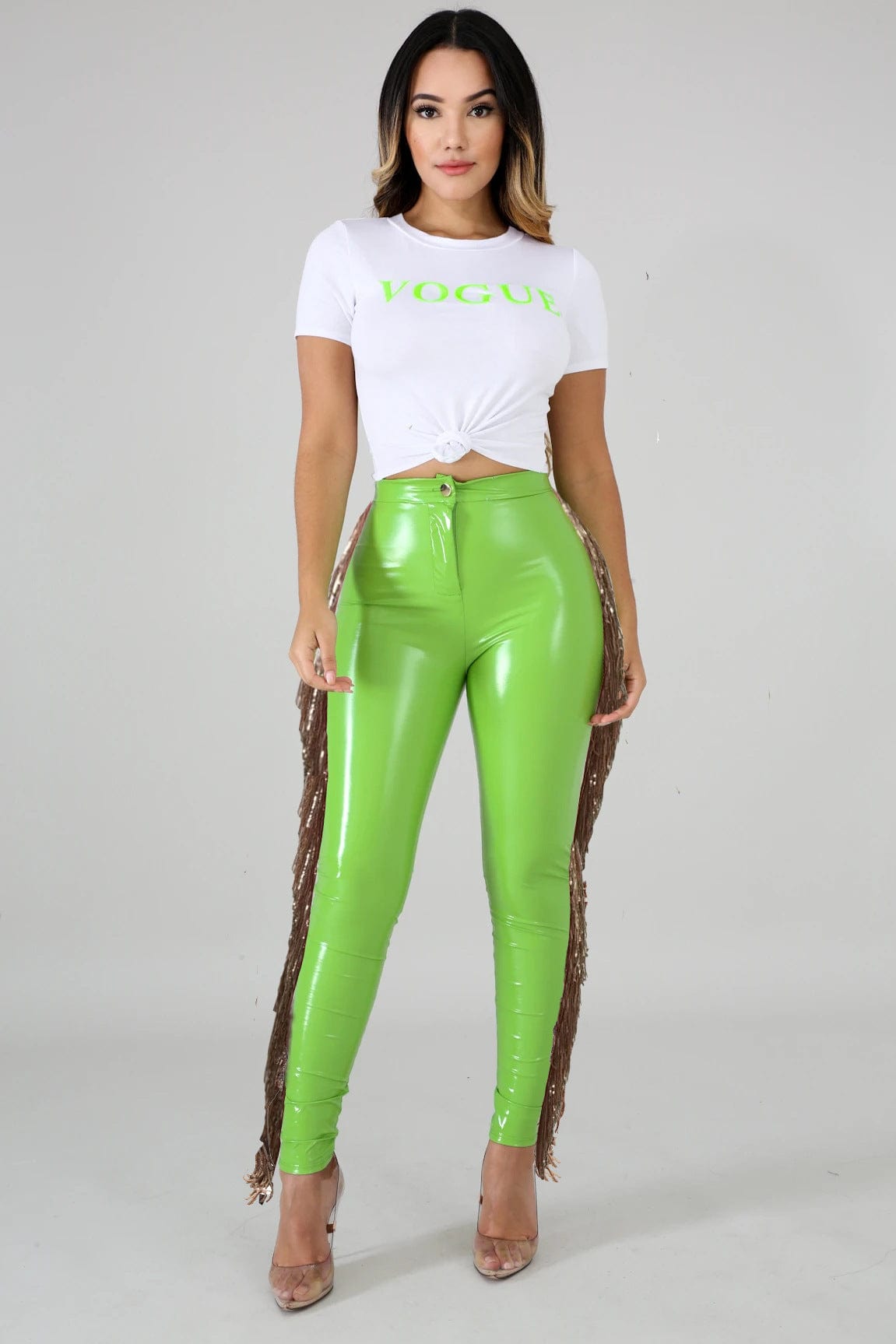 M / Green OUDINA Women's Fashion Pants With Tassels Stretch Tight PU Leather Sequined Fringed Pants For Ladies