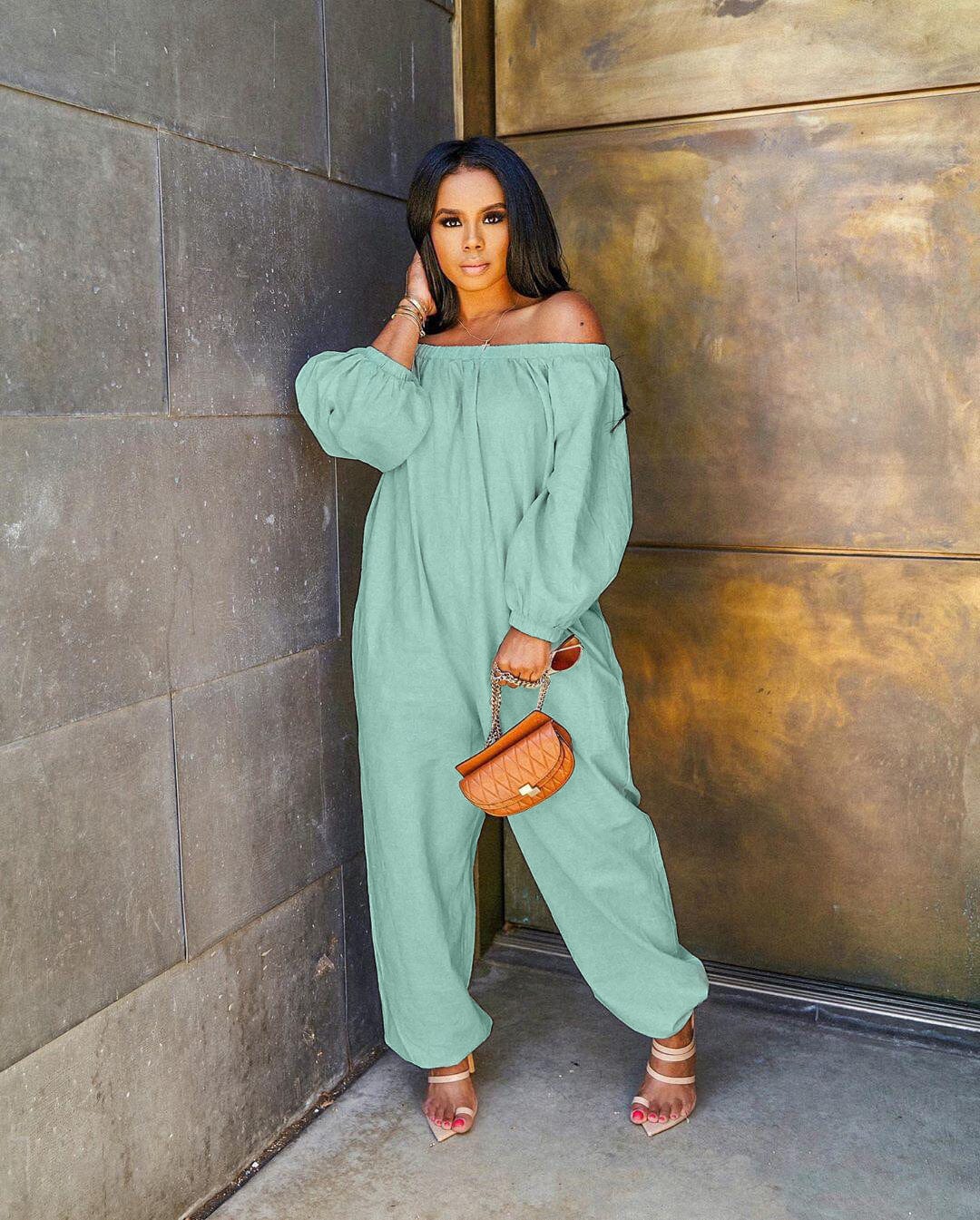 M / Green Wholesale 2022 fashion off the shoulder 1 piece jumpsuit loose casual one piece pants jumpsuit women