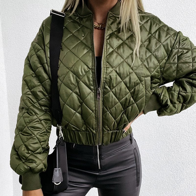 M / Green Winter coat womens bubble coat custom Diamond quilted cotton lining streetwear women cropped puffer jacket