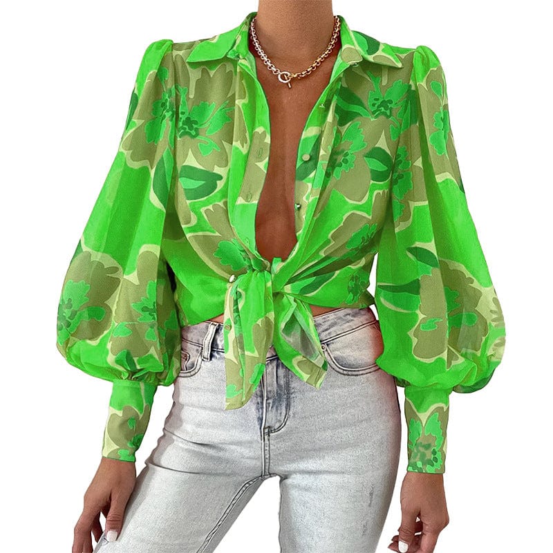 M / green ZL1983 Hot Sale Cardigan Loose Puff Sleeve Printed Blouse For Women Shirts Blouses And Tops Fashionable Summer Shirt 2022