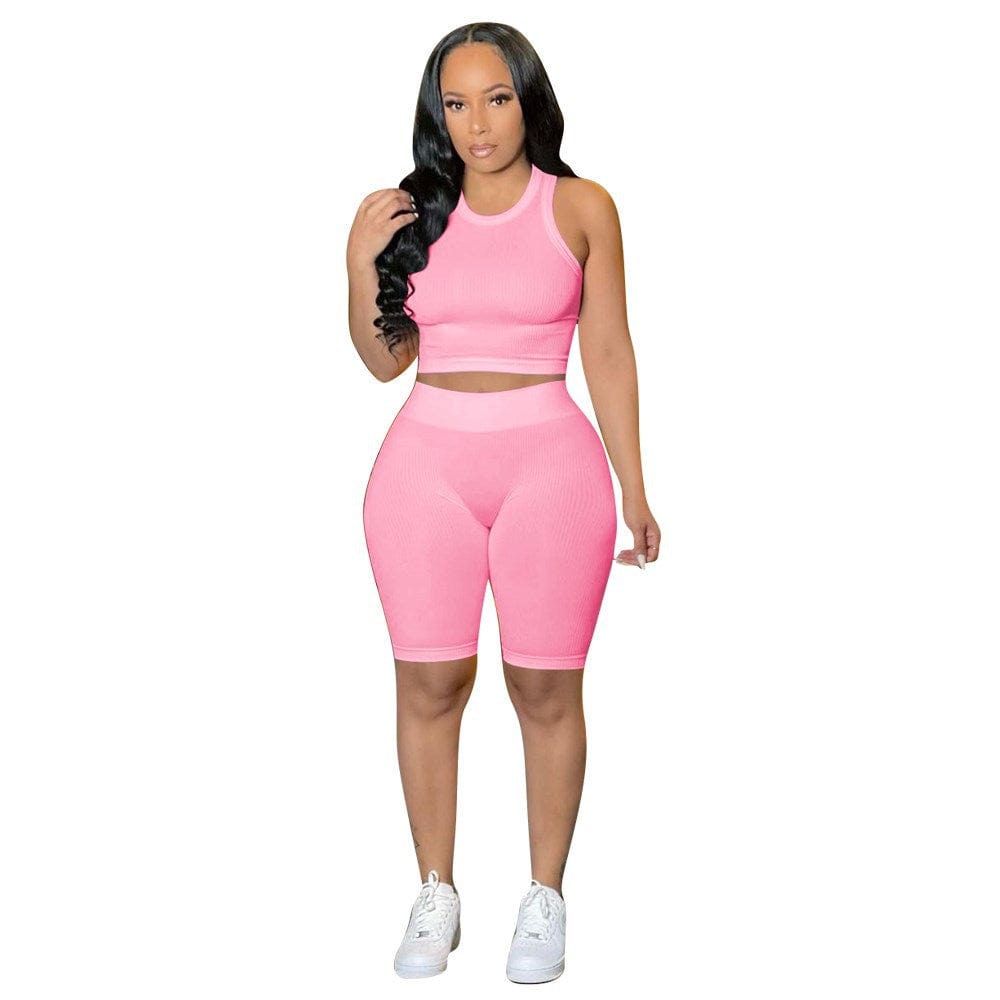 M / J6204 PINK OCS custom logo 2022 racer back Crop Tank Top and Shorts Set solid sleeveless lounge wear Ribbed Two Piece Biker Set for Women