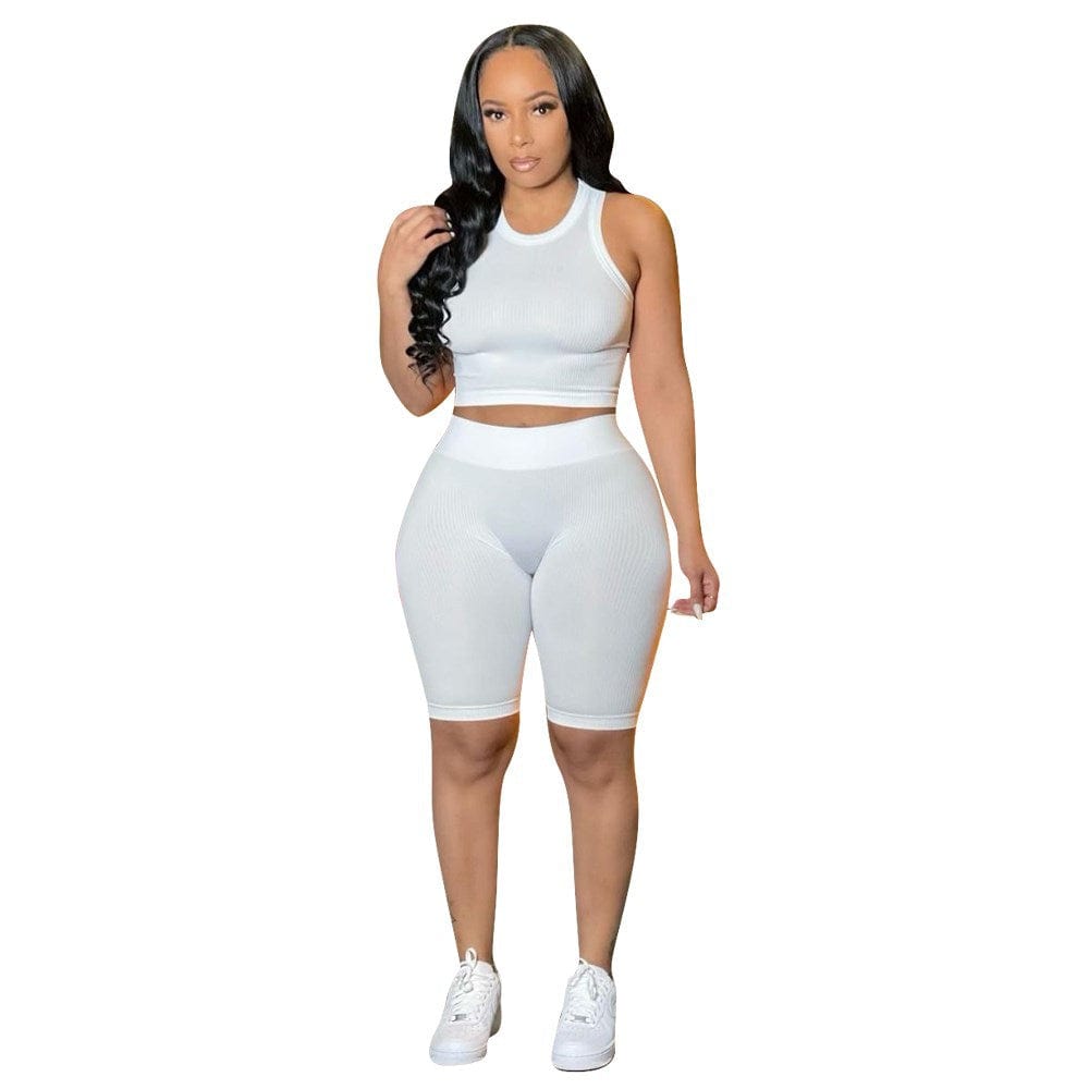 M / J6204 WHITE OCS custom logo 2022 racer back Crop Tank Top and Shorts Set solid sleeveless lounge wear Ribbed Two Piece Biker Set for Women