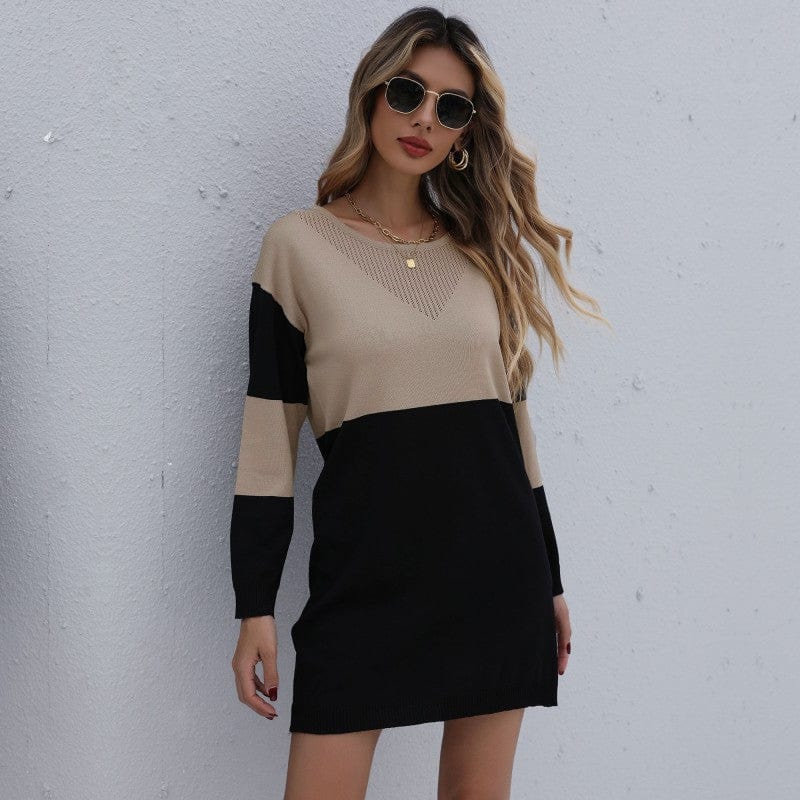 M / Khaki Knitted Luxury Women Sweater Dress Fall Long Sleeve Pullover Sweater Knit Dress