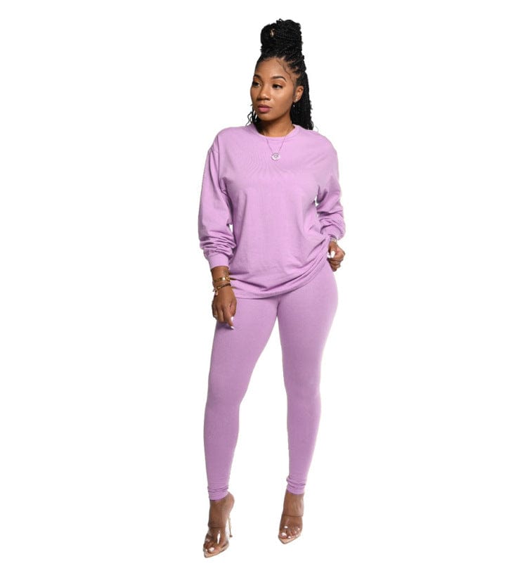 M / Lavender cotton women 2 piece sets clothing fall long sleeve two piece pants set for women