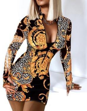 M / Leopard Print Z80106 Sexy Zipper Collar Simple dresses Midi Casual Long Sleeve women Print Dress