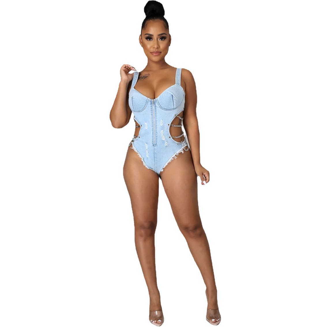 M / Light Blue 2022 New Sexy bikini Girls Swimwear Suspenders Denim Jumpsuit